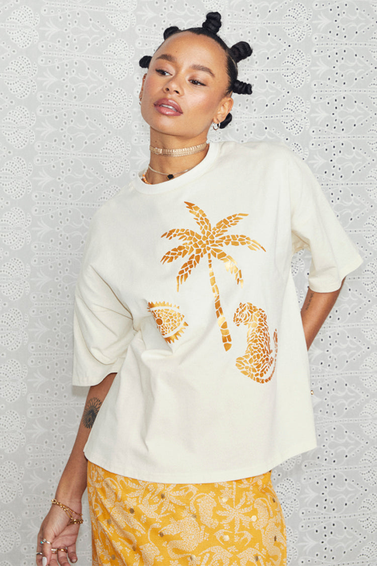 NEVER FULLY DRESSED Cream And Gold Mosaic Leopard T-Shirt