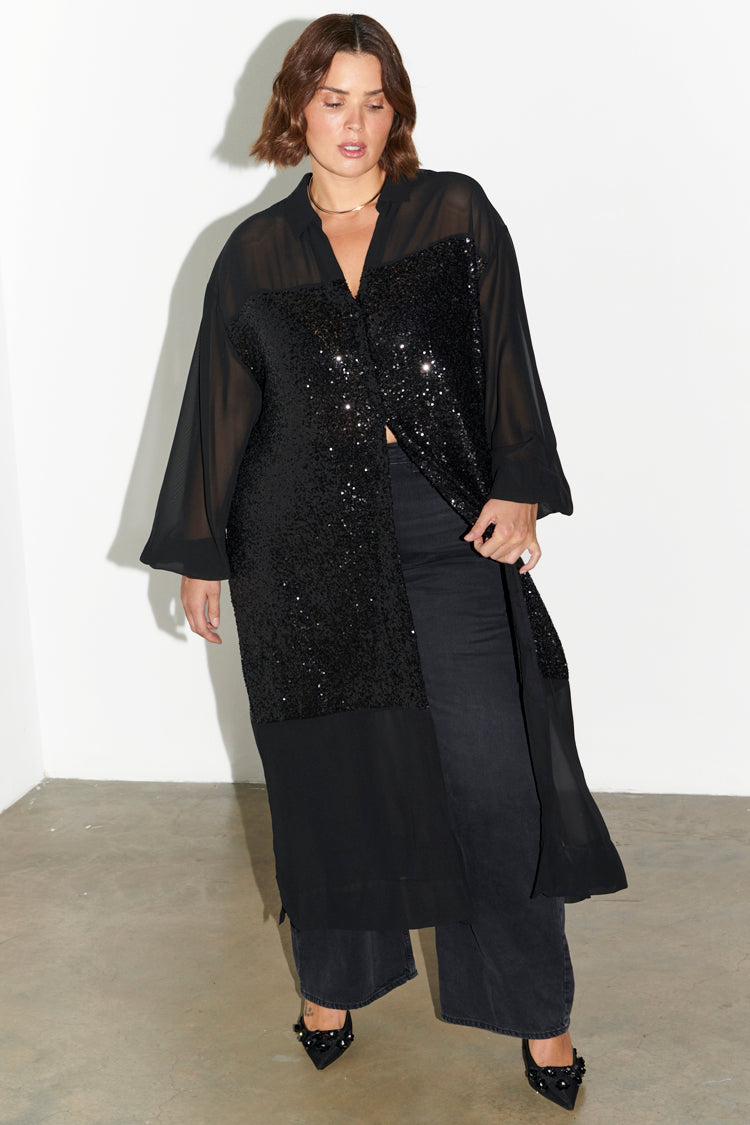 NEVER FULLY DRESSED Black Sequin Lila Shirt Dress