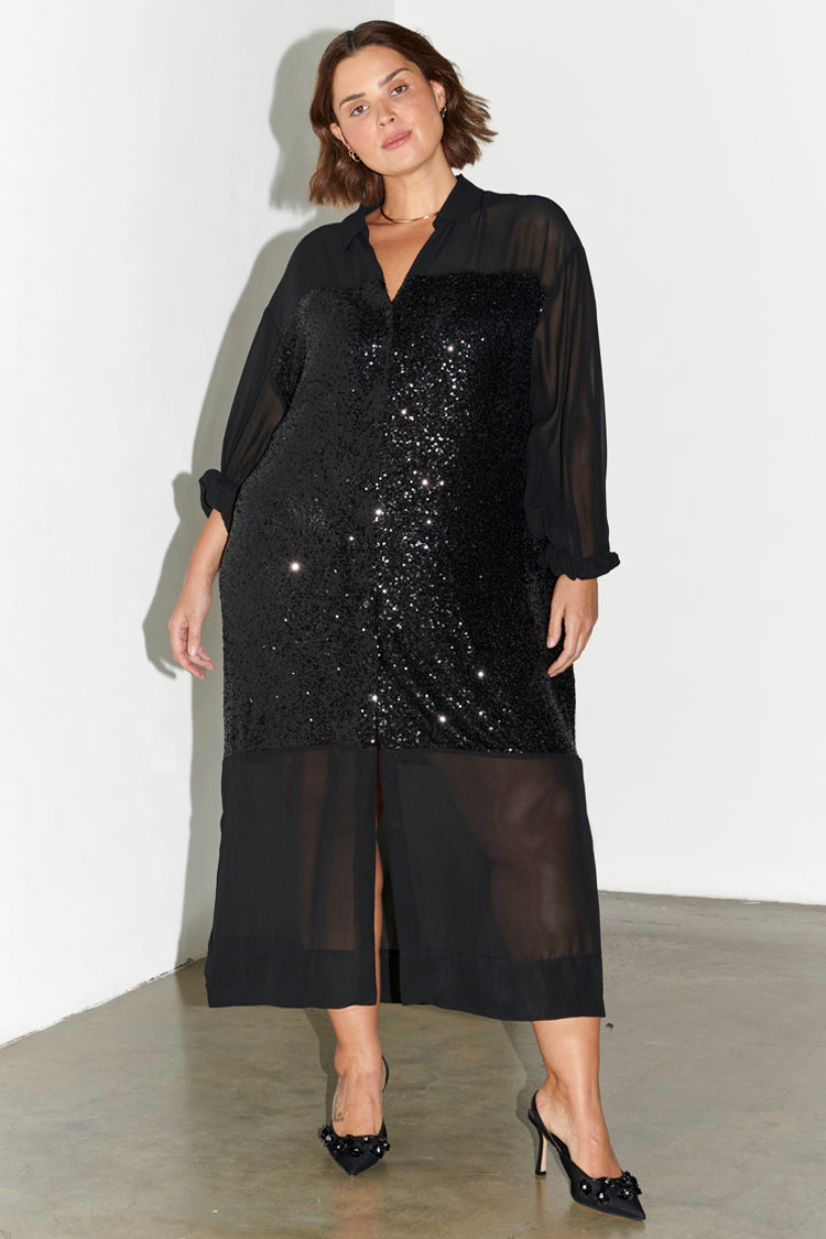 NEVER FULLY DRESSED Black Sequin Lila Shirt Dress
