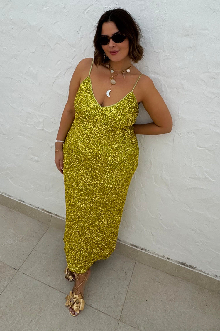 NEVER FULLY DRESSED Lime Sequin Slip Dress