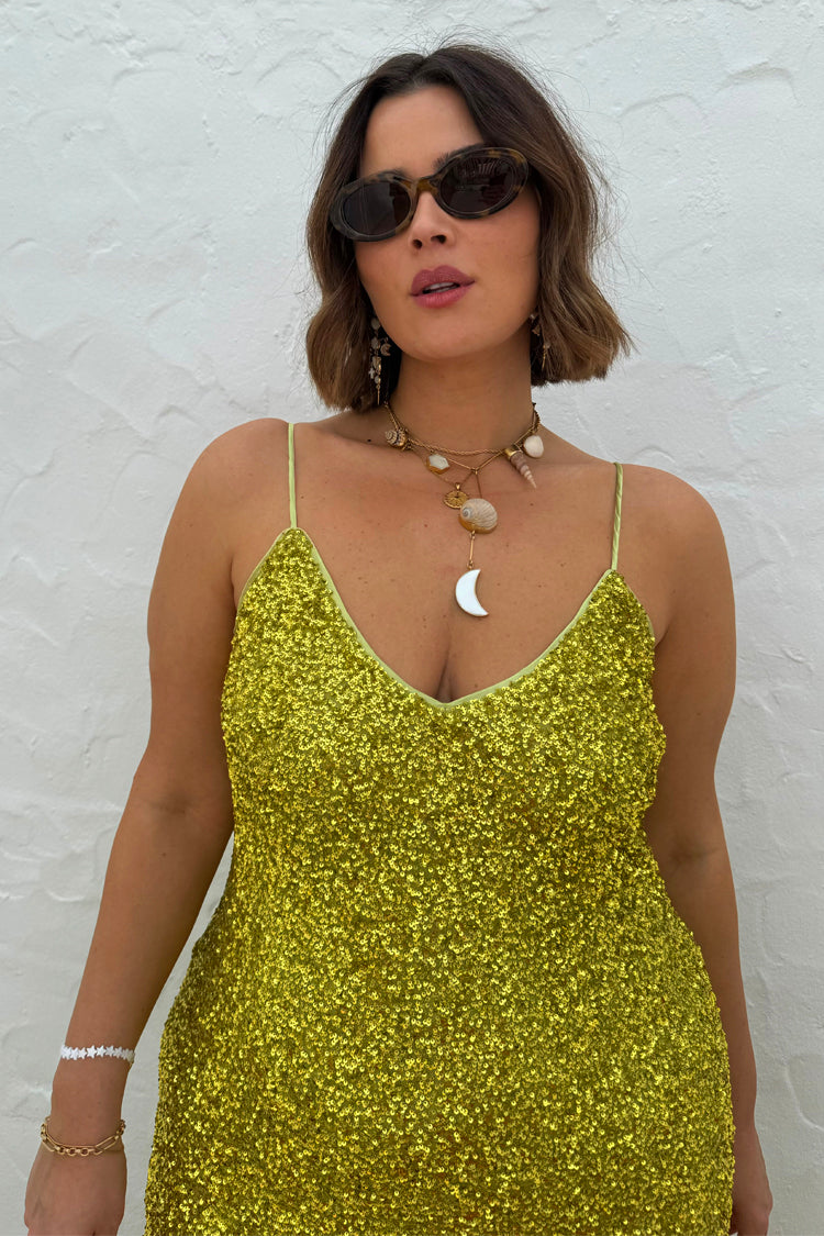 NEVER FULLY DRESSED Lime Sequin Slip Dress