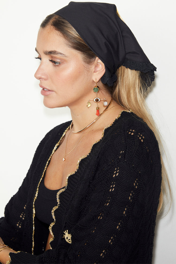NEVER FULLY DRESSED Black Pointelle Knit Cardigan With Gold Fish