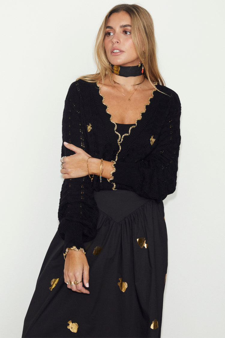 NEVER FULLY DRESSED Black Pointelle Knit Cardigan With Gold Fish
