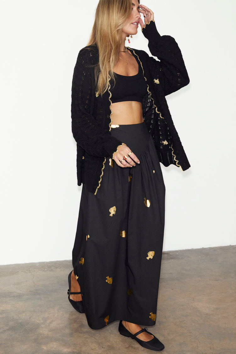 NEVER FULLY DRESSED Black Pointelle Knit Cardigan With Gold Fish