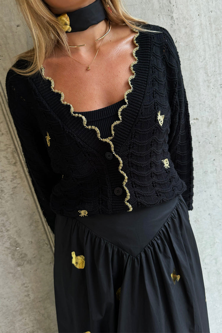 NEVER FULLY DRESSED Black Pointelle Knit Cardigan With Gold Fish