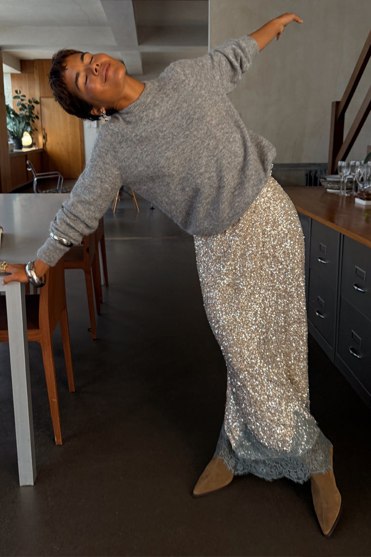 NEVER FULLY DRESSED Silver Sequin Midi Maeva Skirt