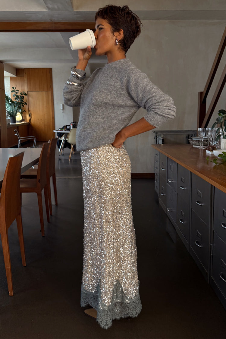 NEVER FULLY DRESSED Silver Sequin Midi Maeva Skirt