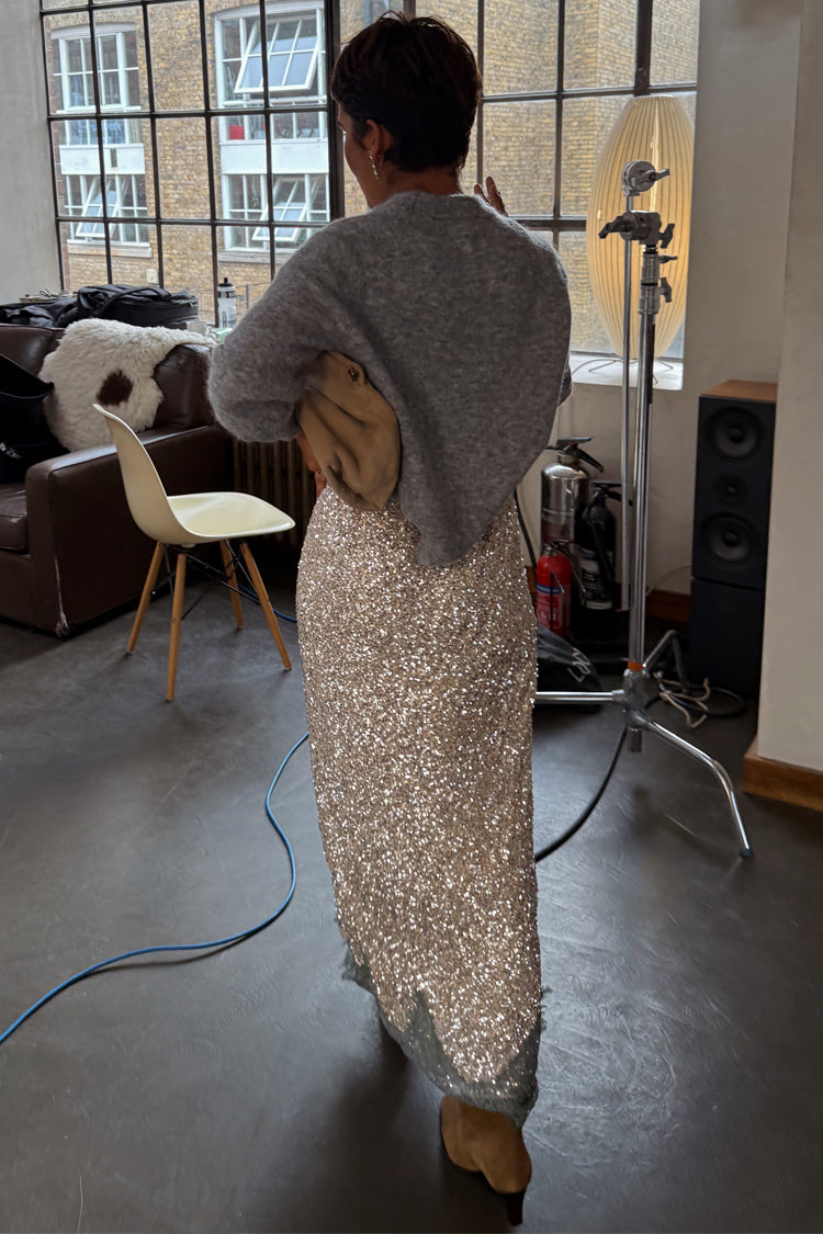 NEVER FULLY DRESSED Silver Sequin Midi Maeva Skirt