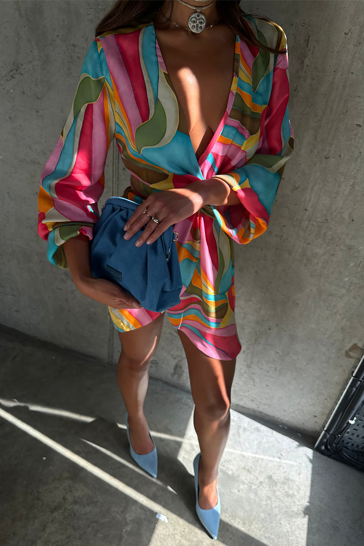 NEVER FULLY DRESSED Multi Abstract Mini Vienna Wrap Dress