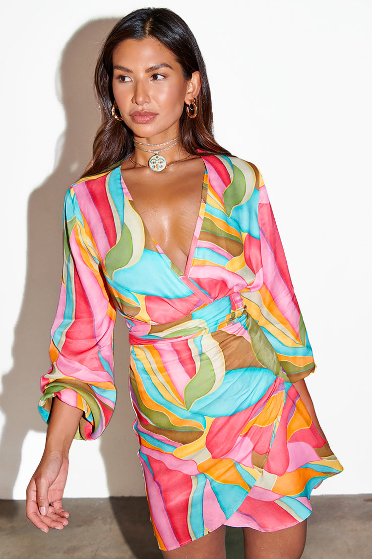 NEVER FULLY DRESSED Multi Abstract Mini Vienna Wrap Dress