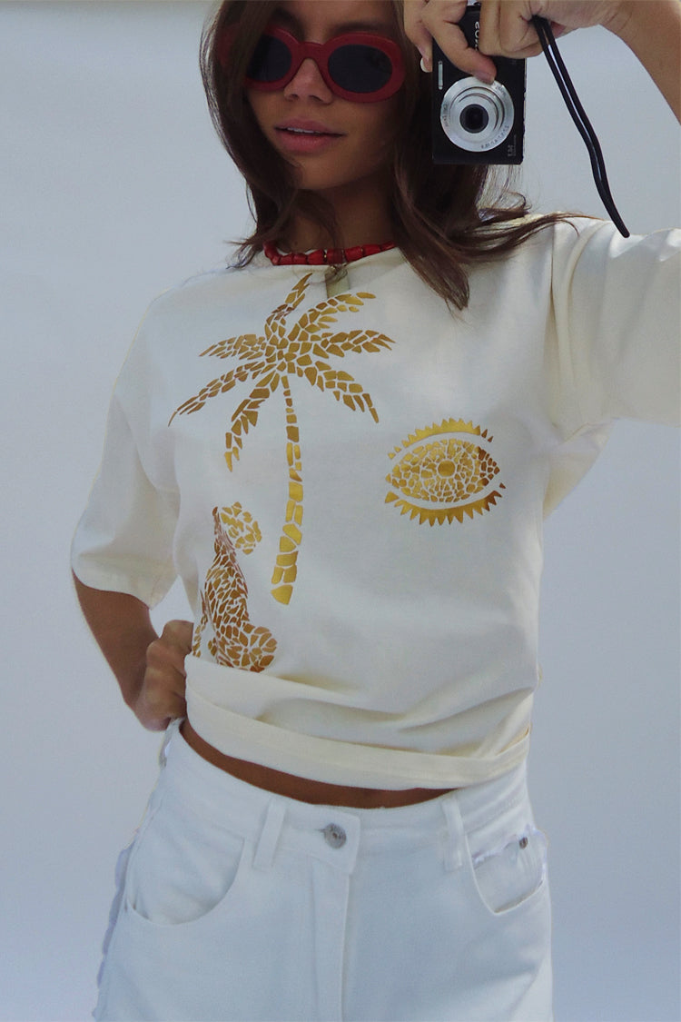 NEVER FULLY DRESSED Cream And Gold Mosaic Leopard T-Shirt