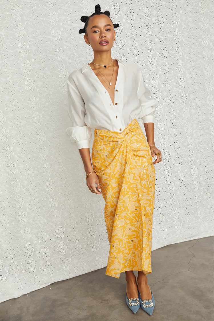 NEVER FULLY DRESSED Yellow Cotton Linen Mosaic Jaspre Skirt