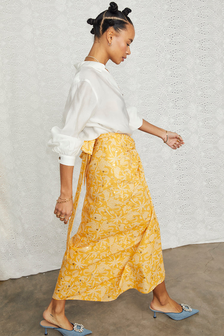 NEVER FULLY DRESSED Yellow Cotton Linen Mosaic Jaspre Skirt