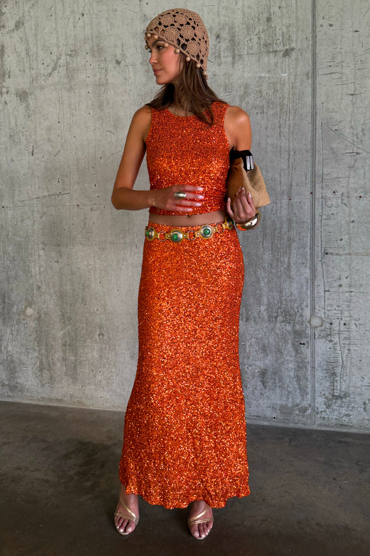 NEVER FULLY DRESSED Orange Sequin Dorris Skirt Petite