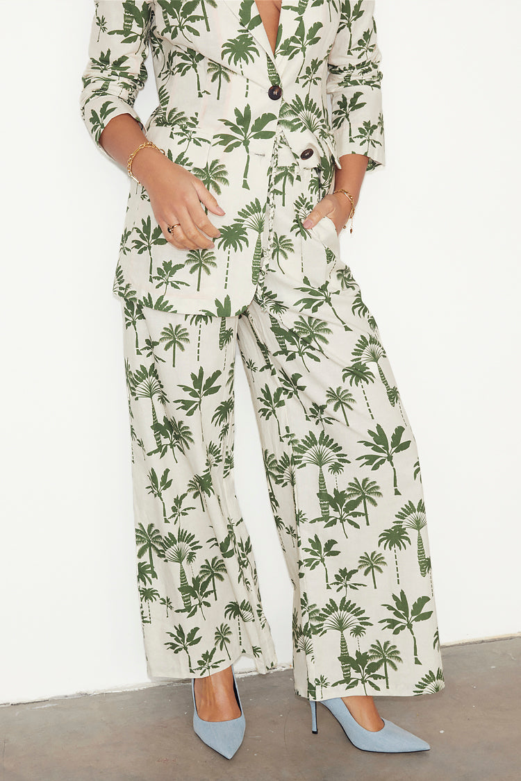 NEVER FULLY DRESSED Green Palm Linen Rhea Trousers