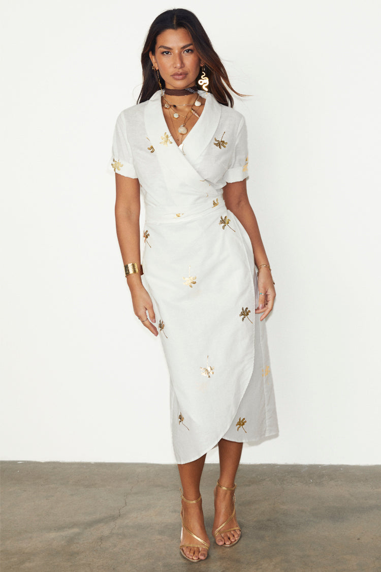 NEVER FULLY DRESSED White Cotton Linen Brooklyn Dress With Gold Fleck