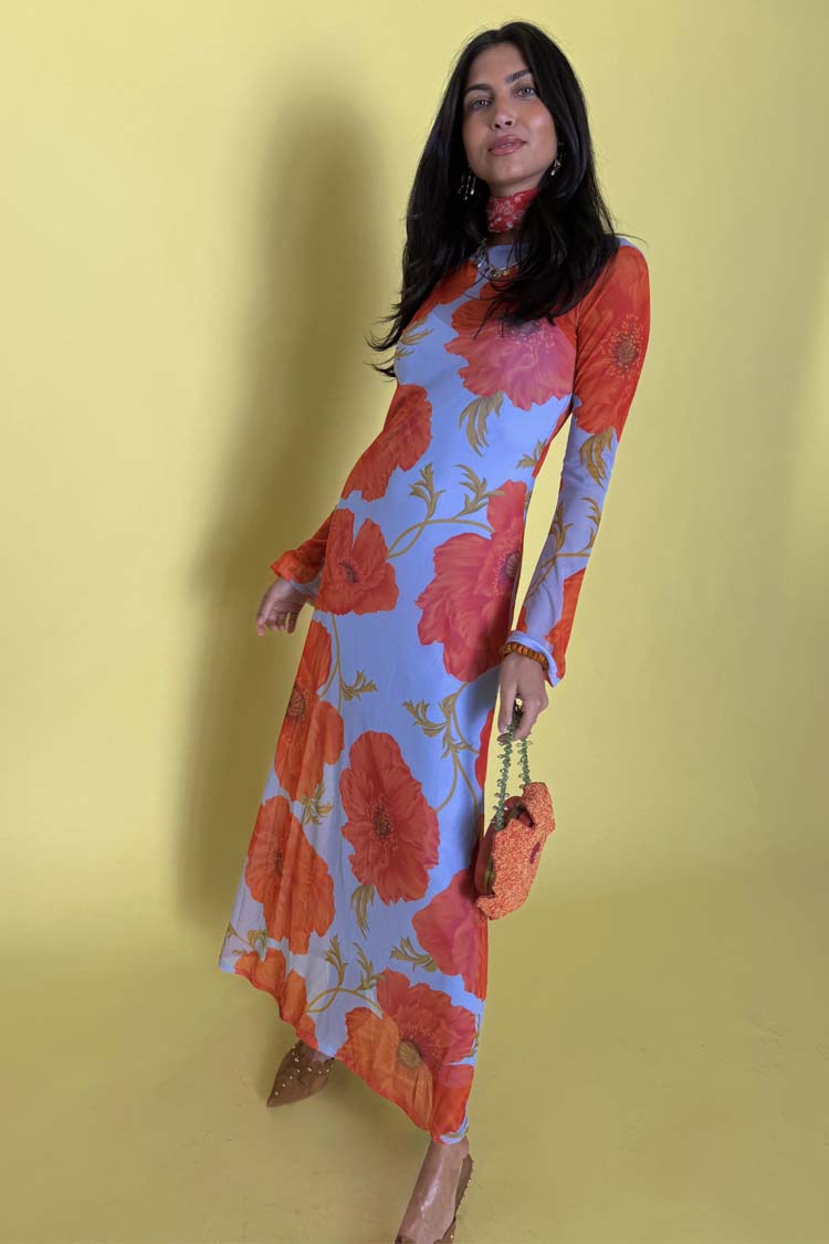 NEVER FULLY DRESSED Blue Poppy Aria Mesh Dress