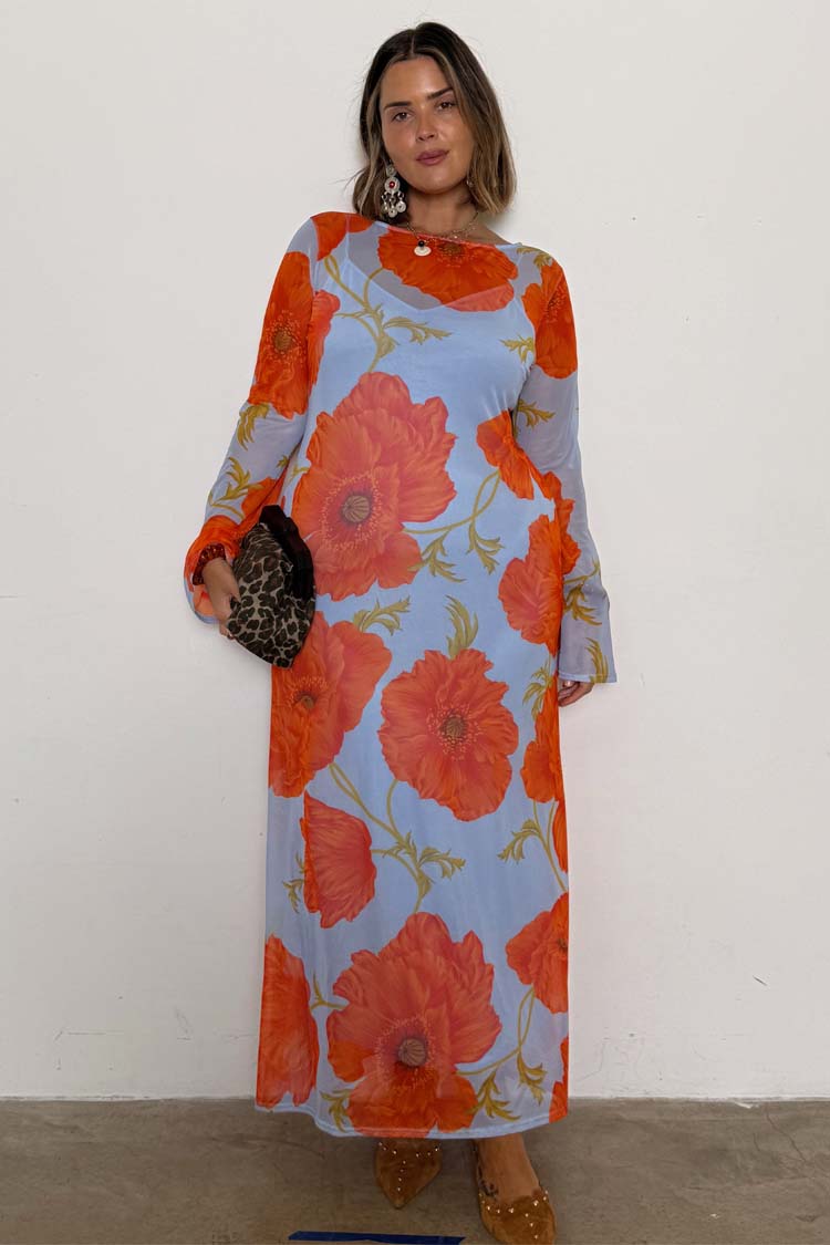 NEVER FULLY DRESSED Blue Poppy Aria Mesh Dress