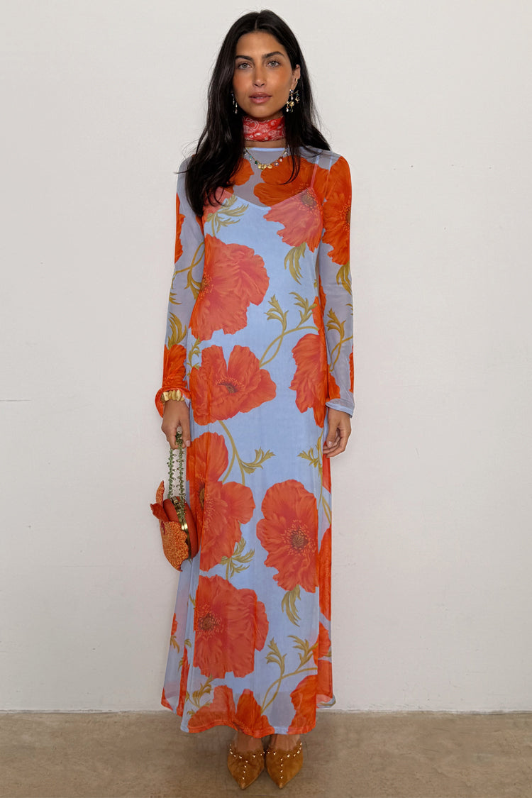 NEVER FULLY DRESSED Blue Poppy Aria Mesh Dress