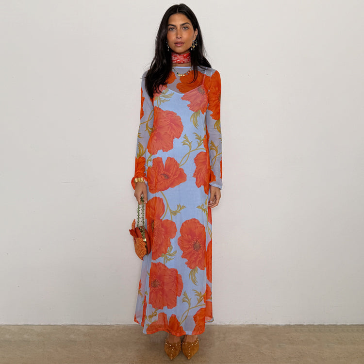 NEVER FULLY DRESSED Blue Poppy Aria Mesh Dress