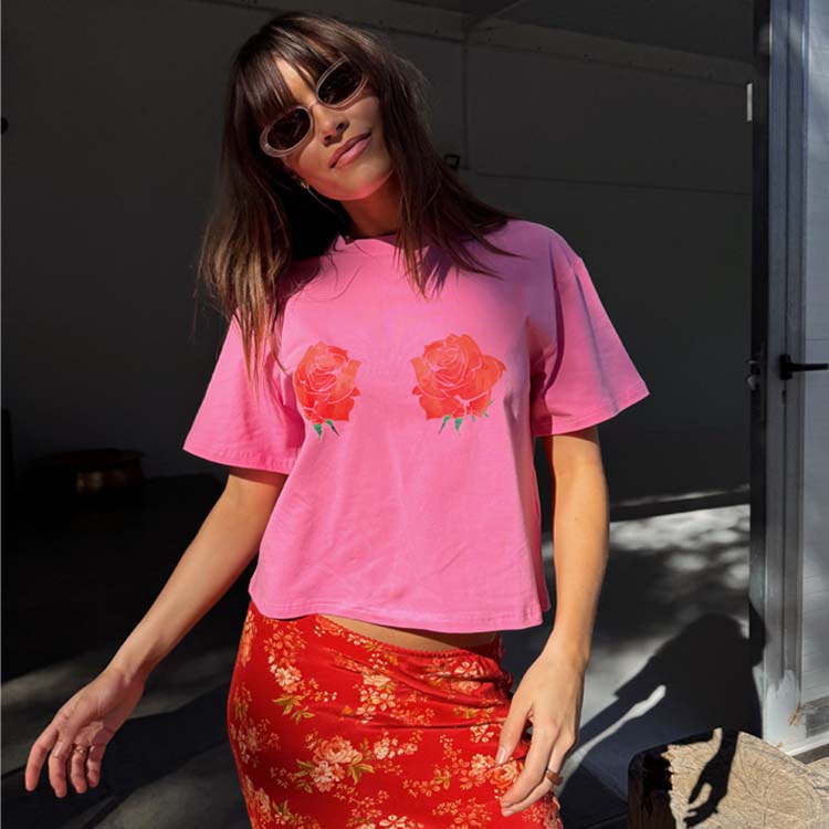NEVER FULLY DRESSED Pink Rose Boob T-Shirt