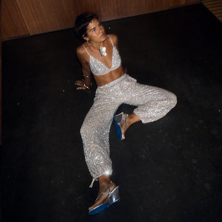 NEVER FULLY DRESSED Silver Sequin Naomi Trousers