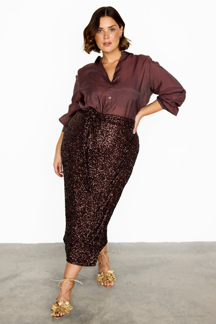 NEVER FULLY DRESSED Chocolate Sequin Jaspre Skirt