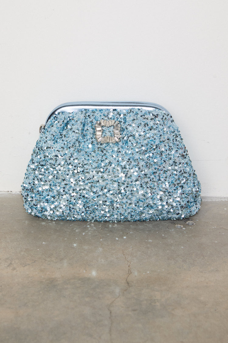 NEVER FULLY DRESSED Ice Blue Sequin Clutch Bag
