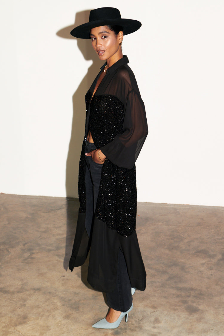 NEVER FULLY DRESSED Black Sequin Lila Shirt Dress