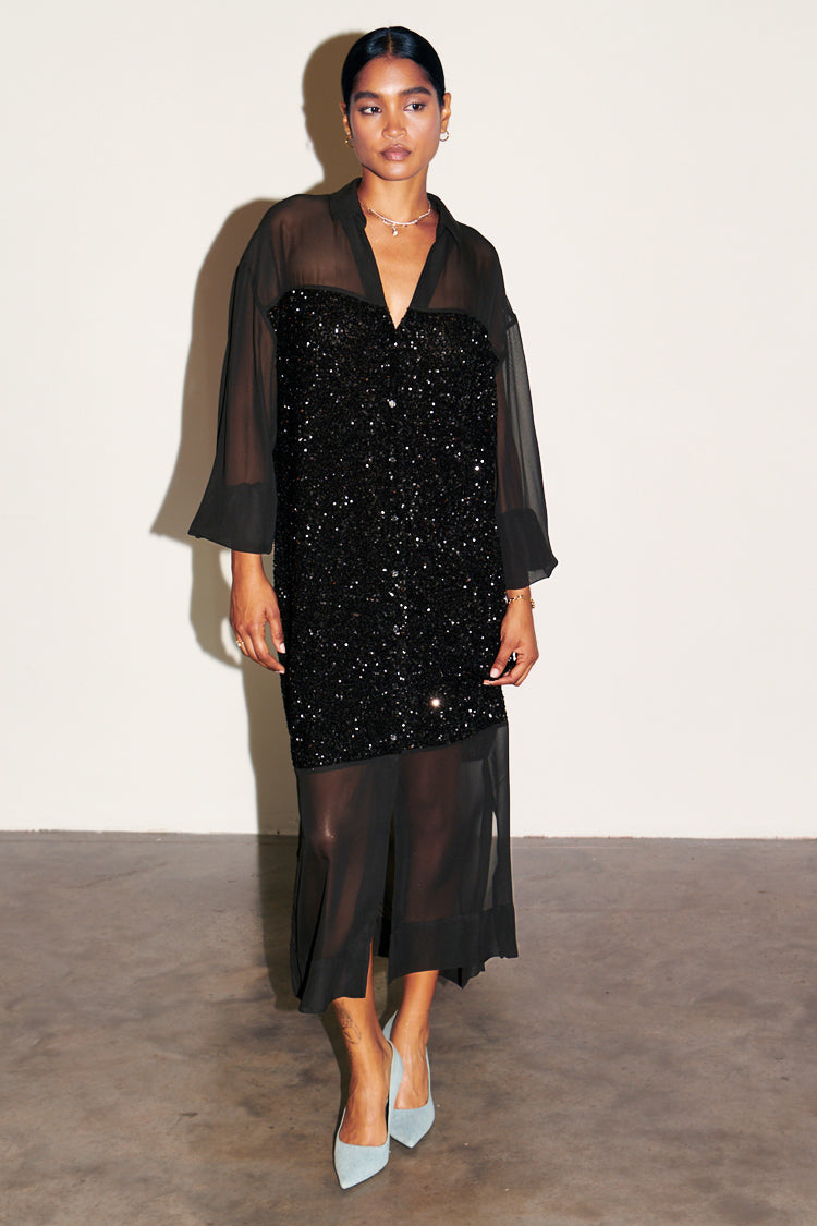 NEVER FULLY DRESSED Black Sequin Lila Shirt Dress