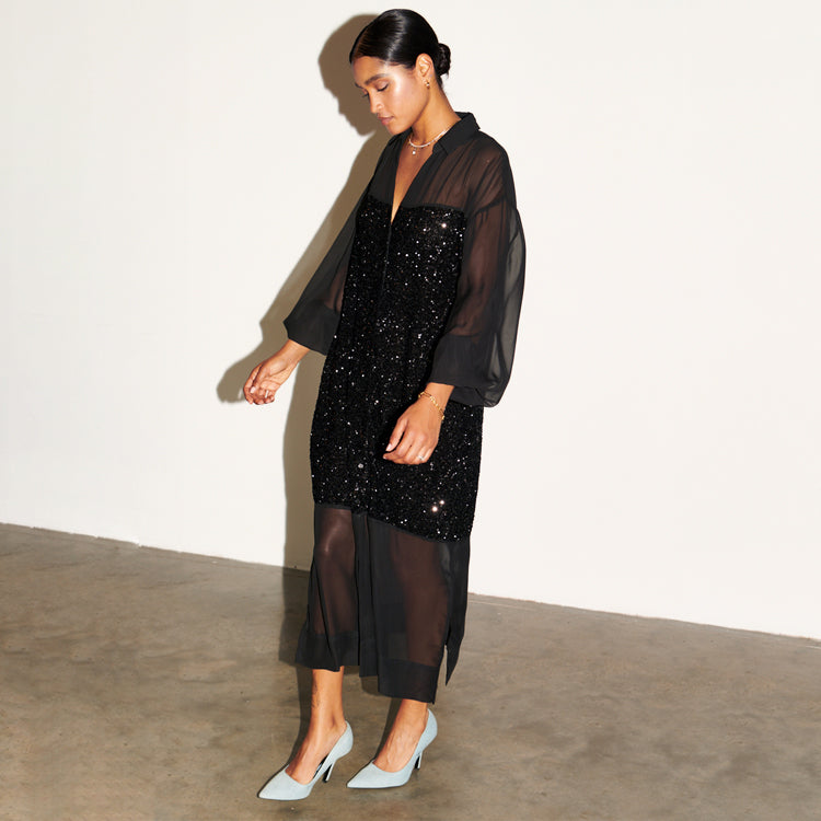 NEVER FULLY DRESSED Black Sequin Lila Shirt Dress