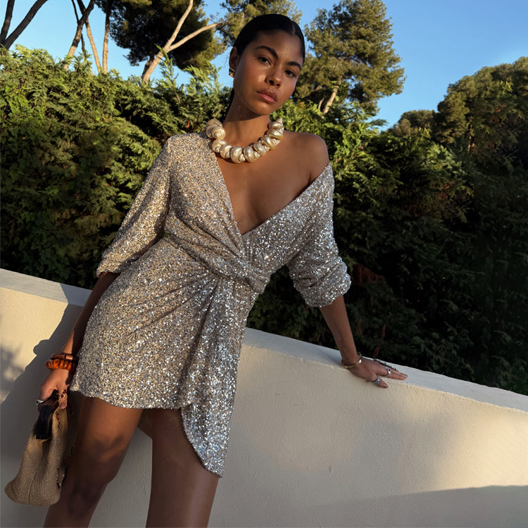 NEVER FULLY DRESSED Silver Sequin Mini Vienna Wrap Dress