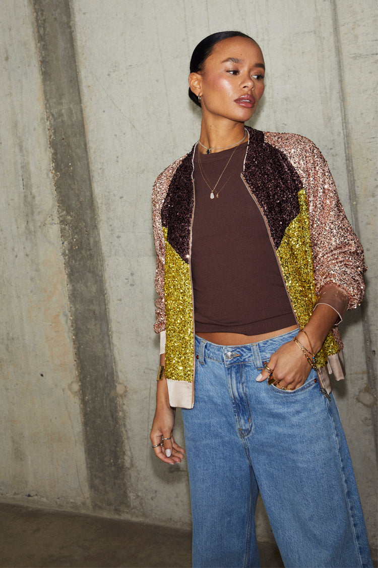 NEVER FULLY DRESSED Sequin Mix Bomber