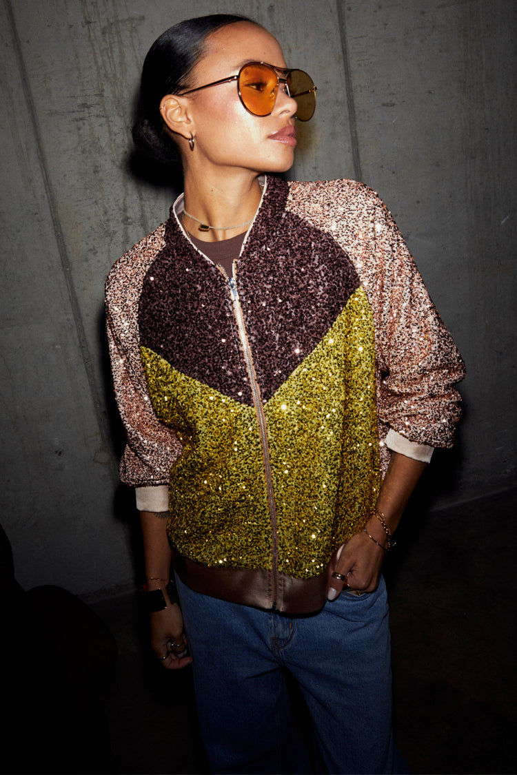 NEVER FULLY DRESSED Sequin Mix Bomber