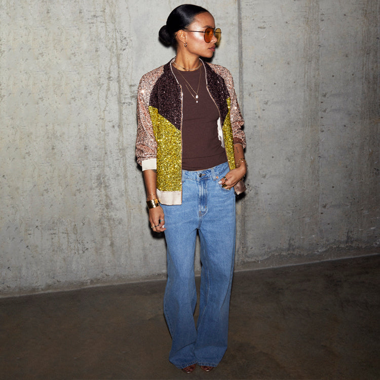 NEVER FULLY DRESSED Sequin Mix Bomber