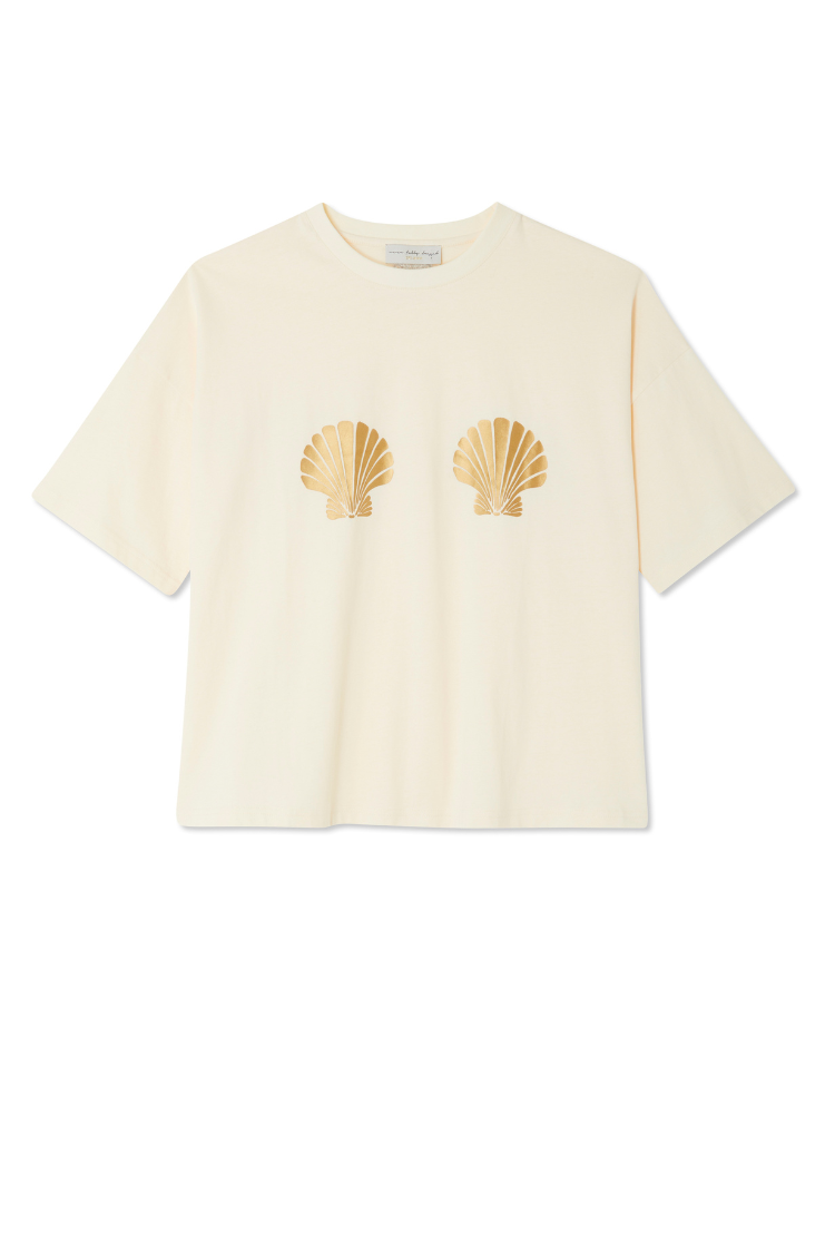 NEVER FULLY DRESSED Gold Shell Boob T-Shirt