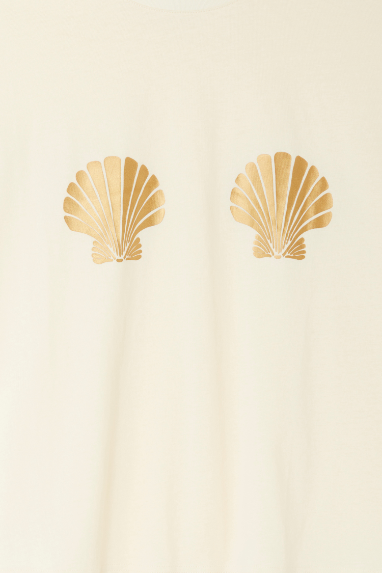 NEVER FULLY DRESSED Gold Shell Boob T-Shirt