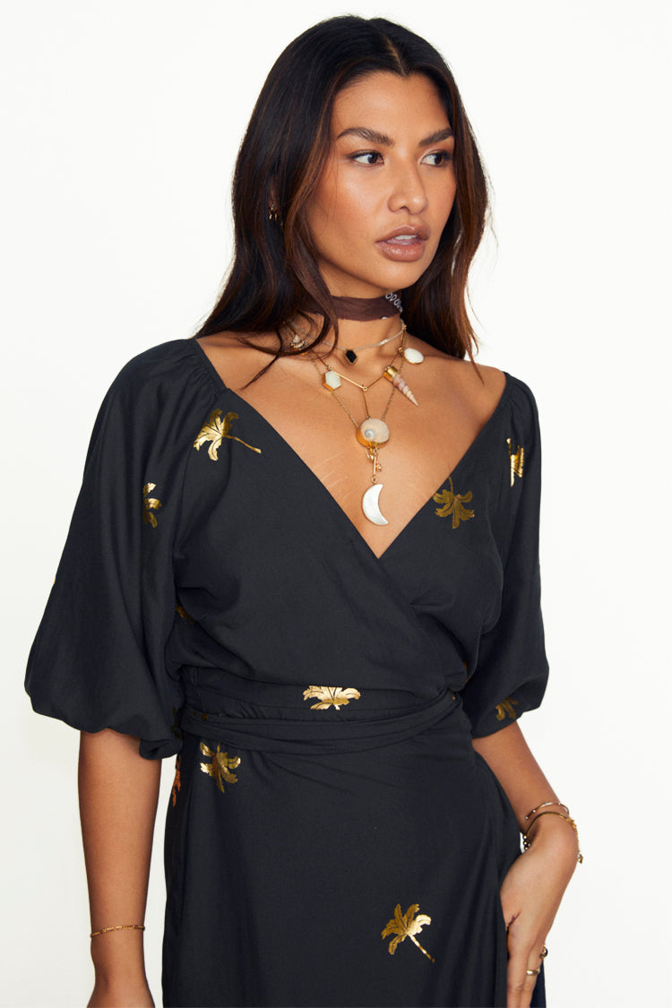 NEVER FULLY DRESSED Black Palm Camilla Wrap Dress