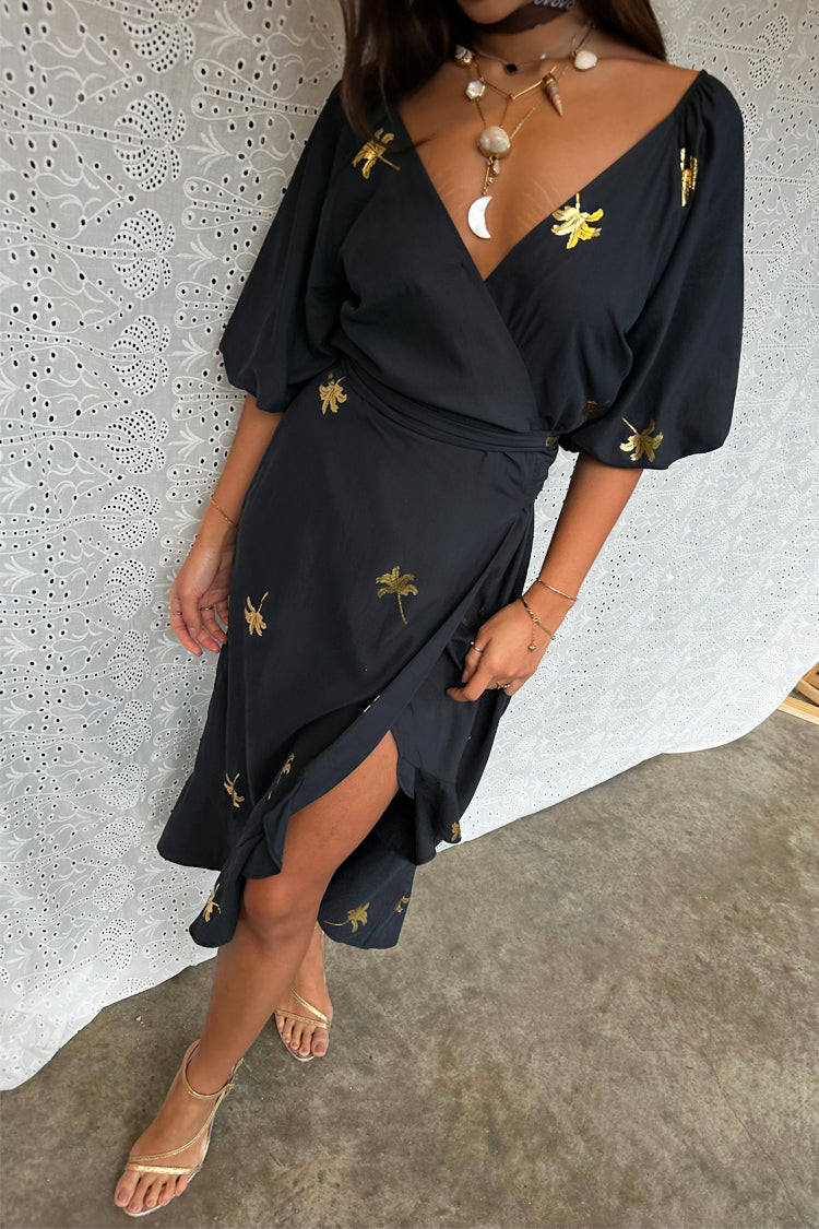 NEVER FULLY DRESSED Black Palm Camilla Wrap Dress