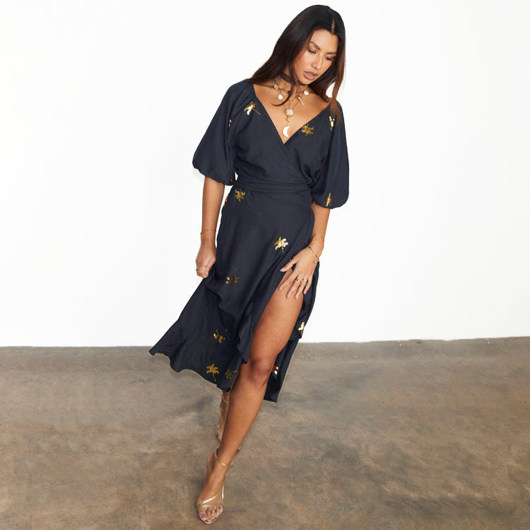 NEVER FULLY DRESSED Black Palm Camilla Wrap Dress