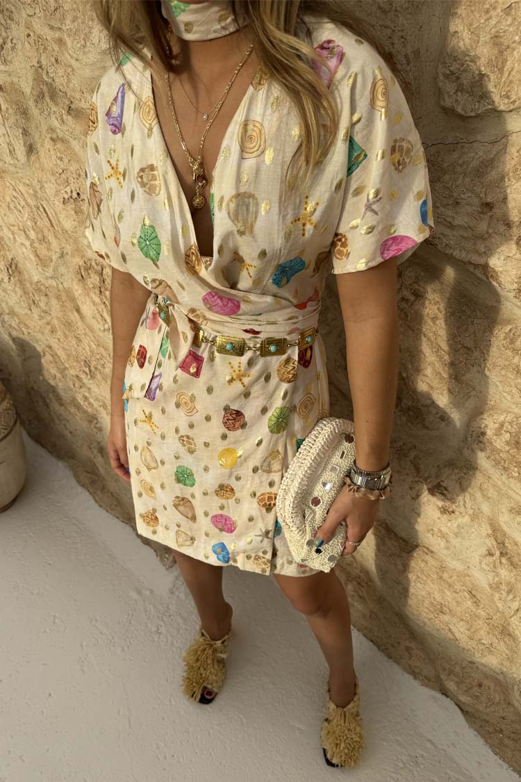 Cream Shell Mini Wrap Dress