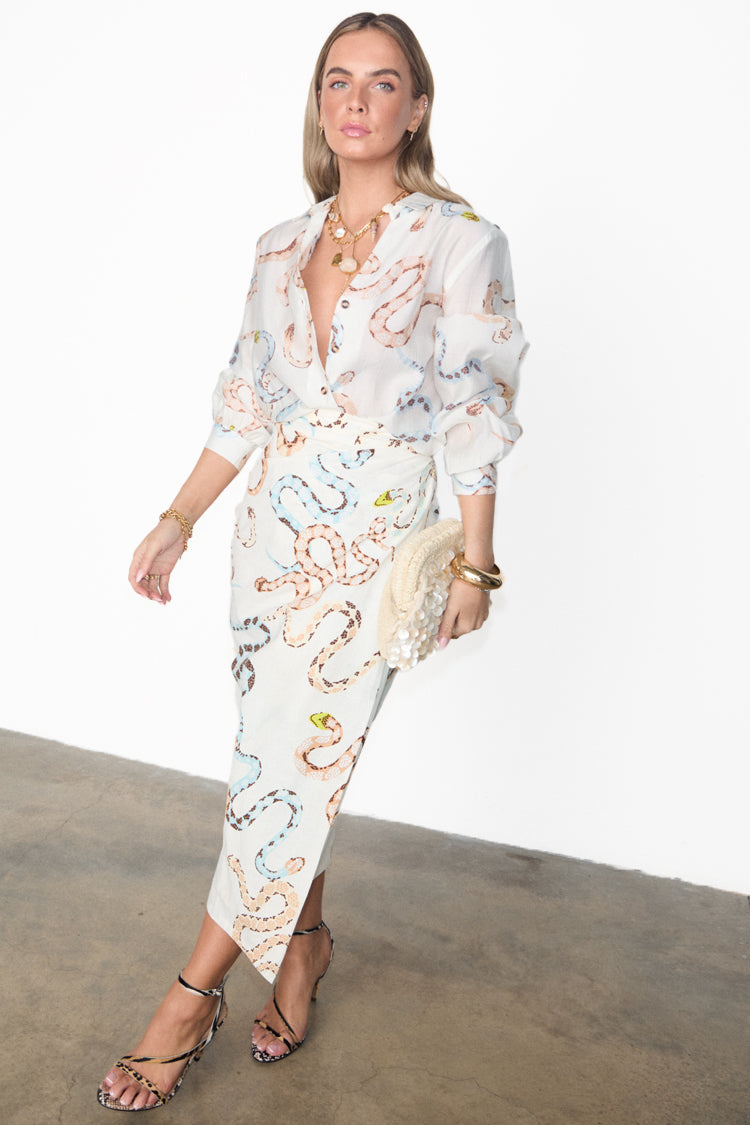 NEVER FULLY DRESSED Cotton Linen Snake Jaspre Wrap Skirt