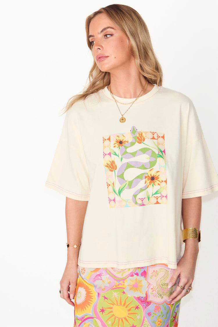 NEVER FULLY DRESSED Cream Abstract Snake T-shirt