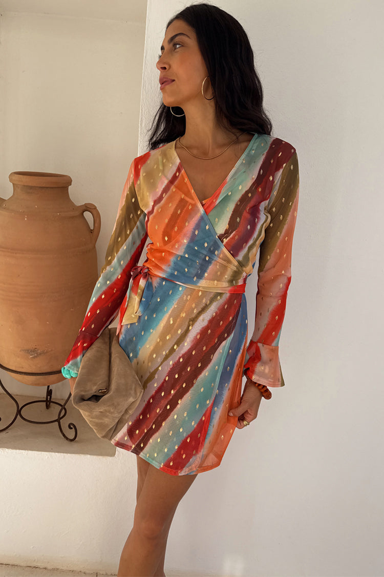 NEVER FULLY DRESSED Sunset Stripe Mini Wrap Dress
