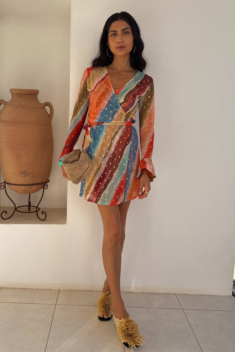 NEVER FULLY DRESSED Sunset Stripe Mini Wrap Dress