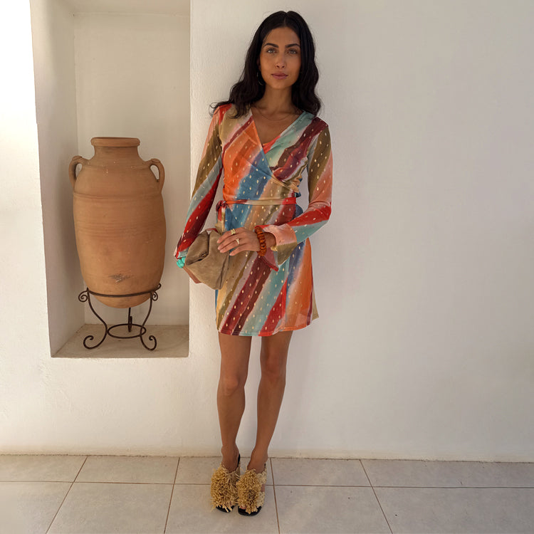 NEVER FULLY DRESSED Sunset Stripe Mini Wrap Dress