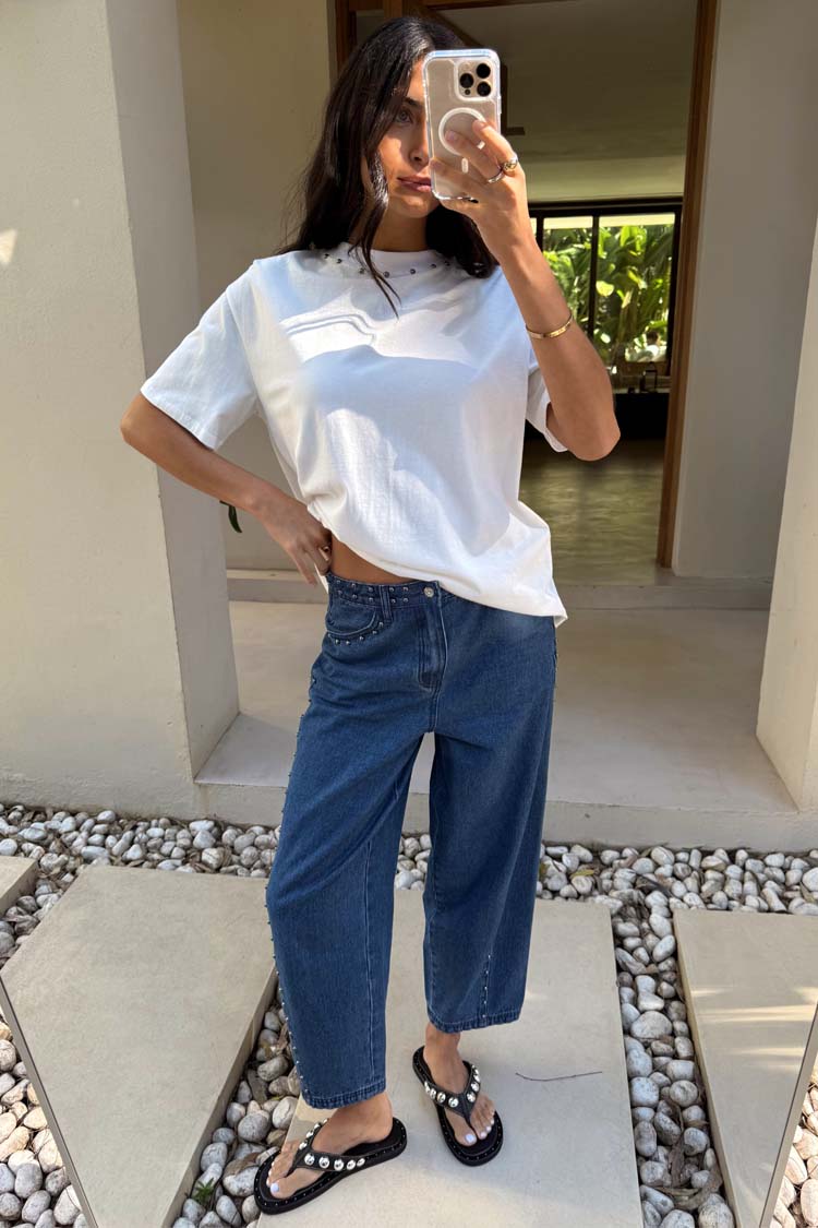 NEVER FULLY DRESSED Blue Studded Barrel Jeans