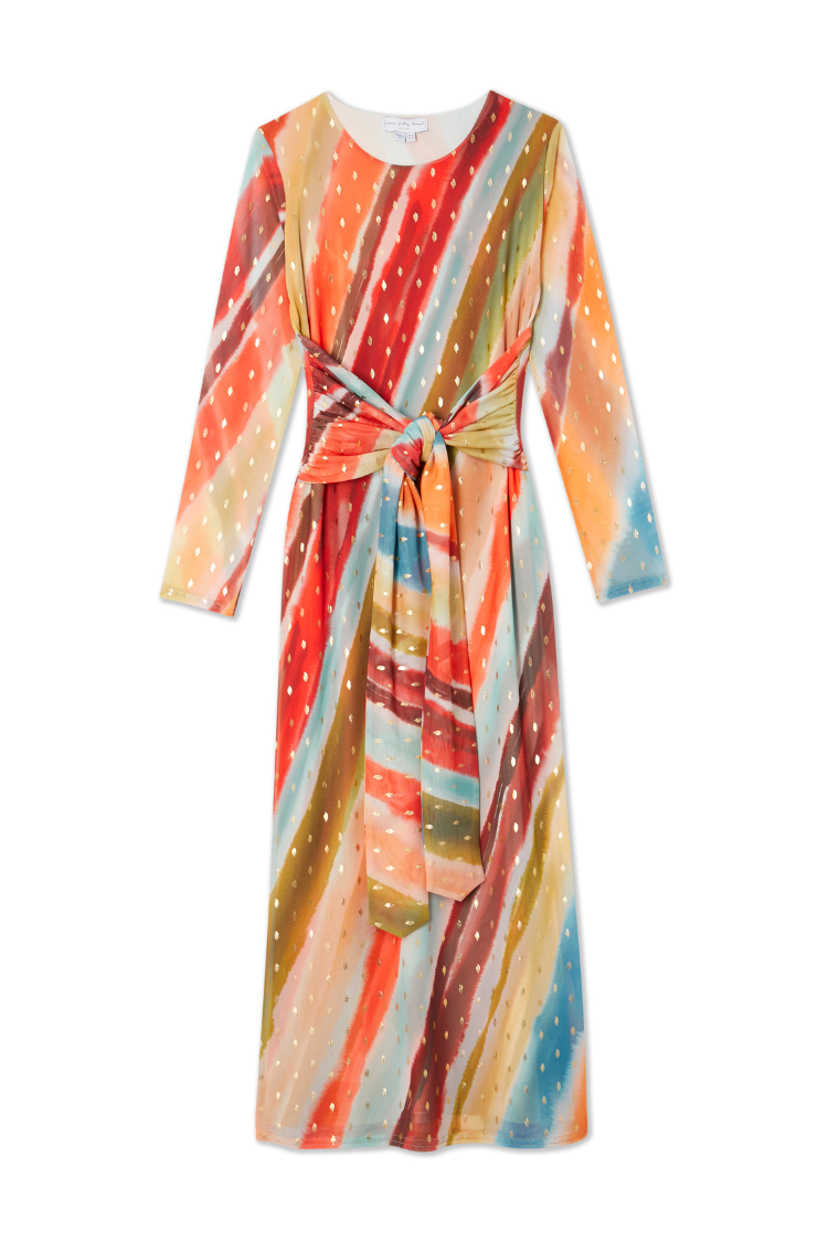 NEVER FULLY DRESSED Sunset Stripe Mesh Midi Dress
