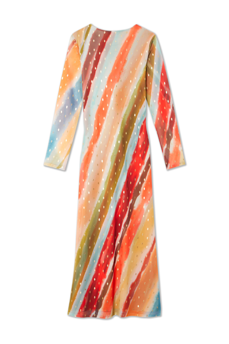 NEVER FULLY DRESSED Sunset Stripe Mesh Midi Dress