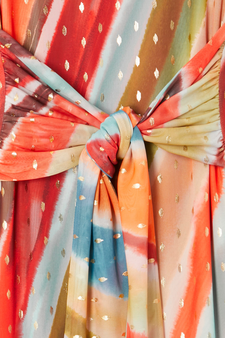 NEVER FULLY DRESSED Sunset Stripe Mesh Midi Dress